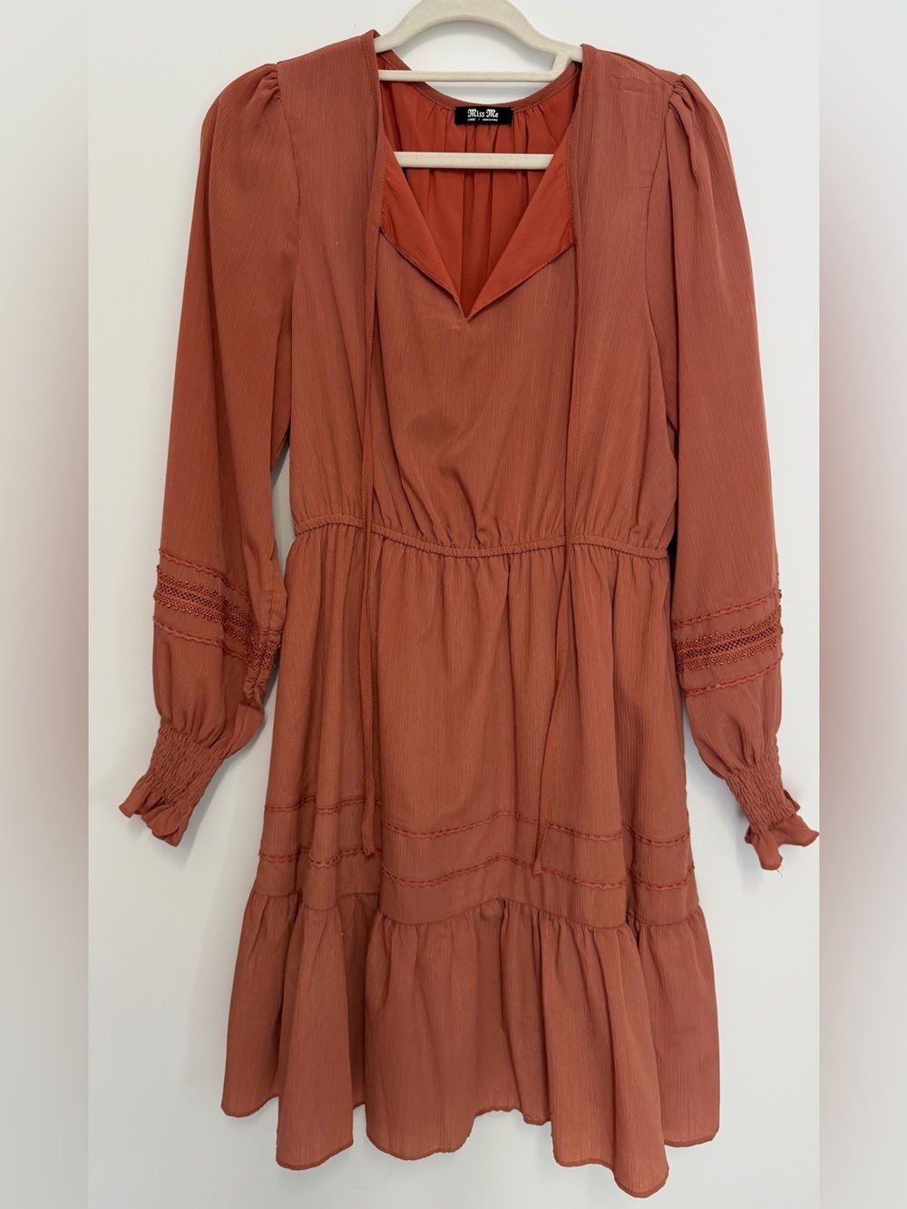 Miss Me Rust-Tone Long Sleeve Tiered V-Neck Dress